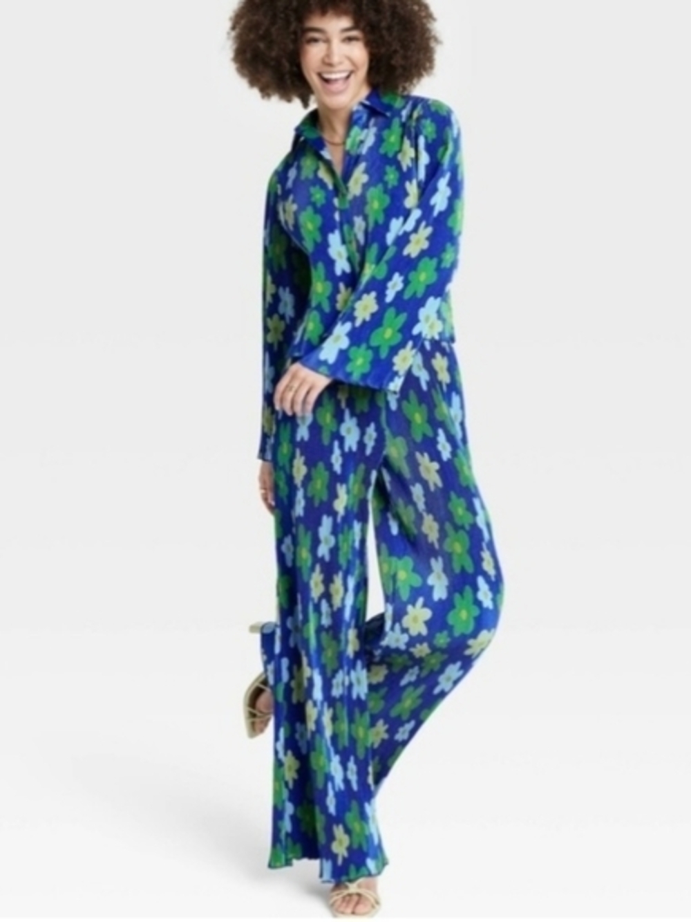 Sammy B X Target Vibrant Blue Floral Button-Up Top & Wide-Leg Plisse Pants Set